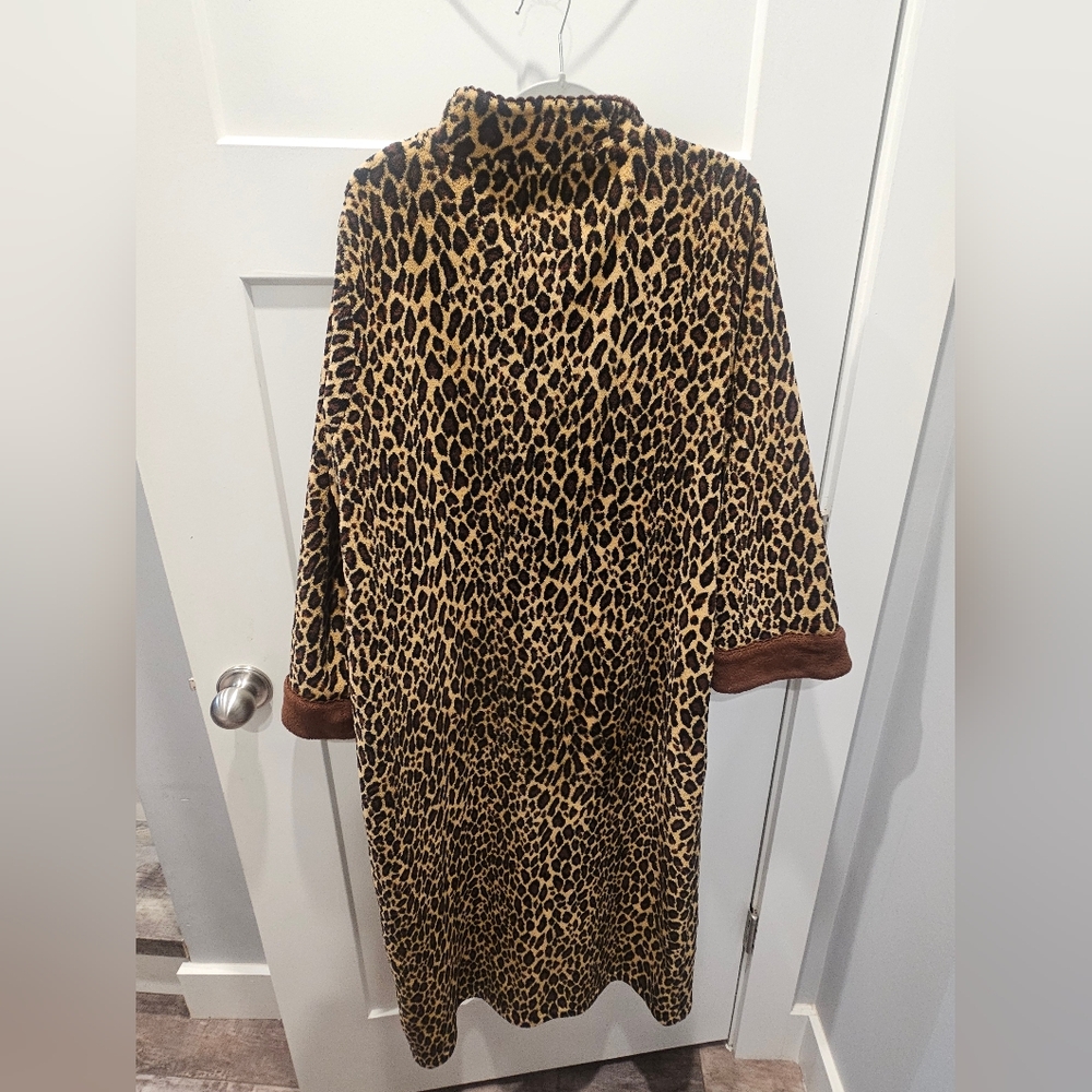 Oscar de la Renta Leopard Print Plush Zip Robe L/XL Long Sleeve Lounge Wear - Picture 6 of 9